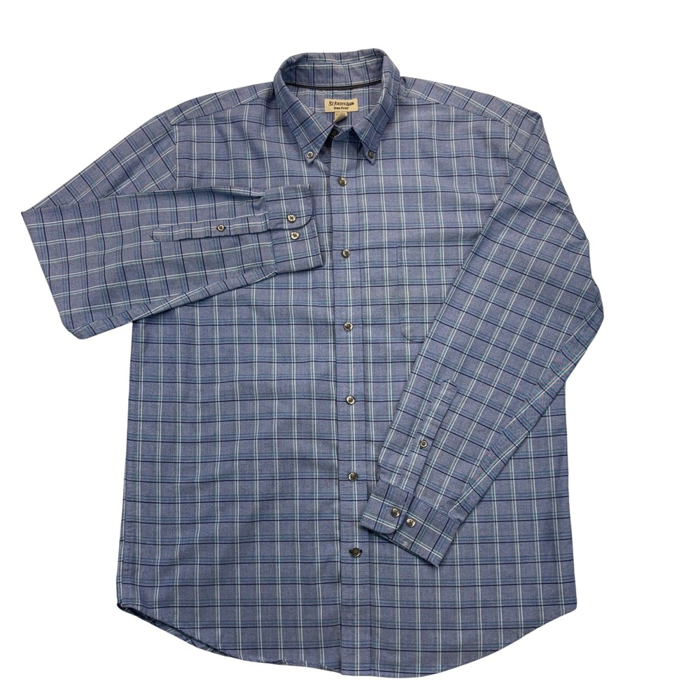 St. Johns Bay Mens Blue Plaid Iron Free Button Down Shirt Large Tall L-Tall